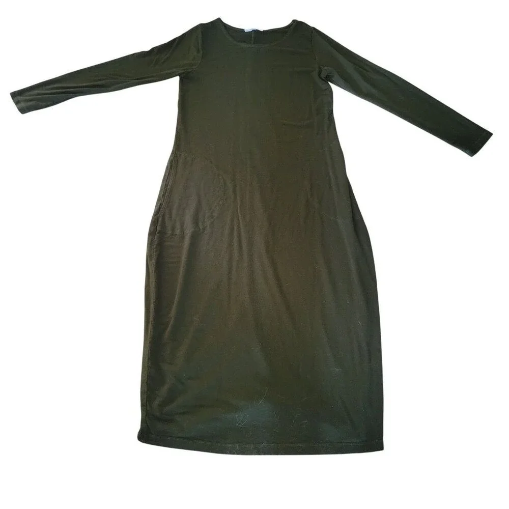 BRYNN WALKER‎ Forrest Green Long Sleeve Maxi Dress Womens M Pockets quiet luxury